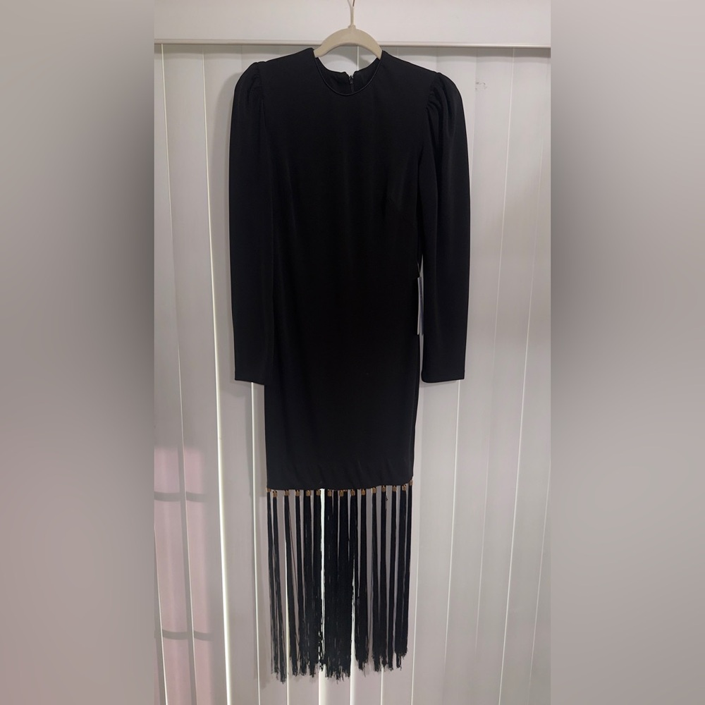 Elegant Black Long Sleeve Fringe Dress